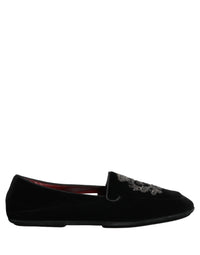 Dolce & Gabbana Black Velvet Crown Embroidery Loafers Men's Shoes