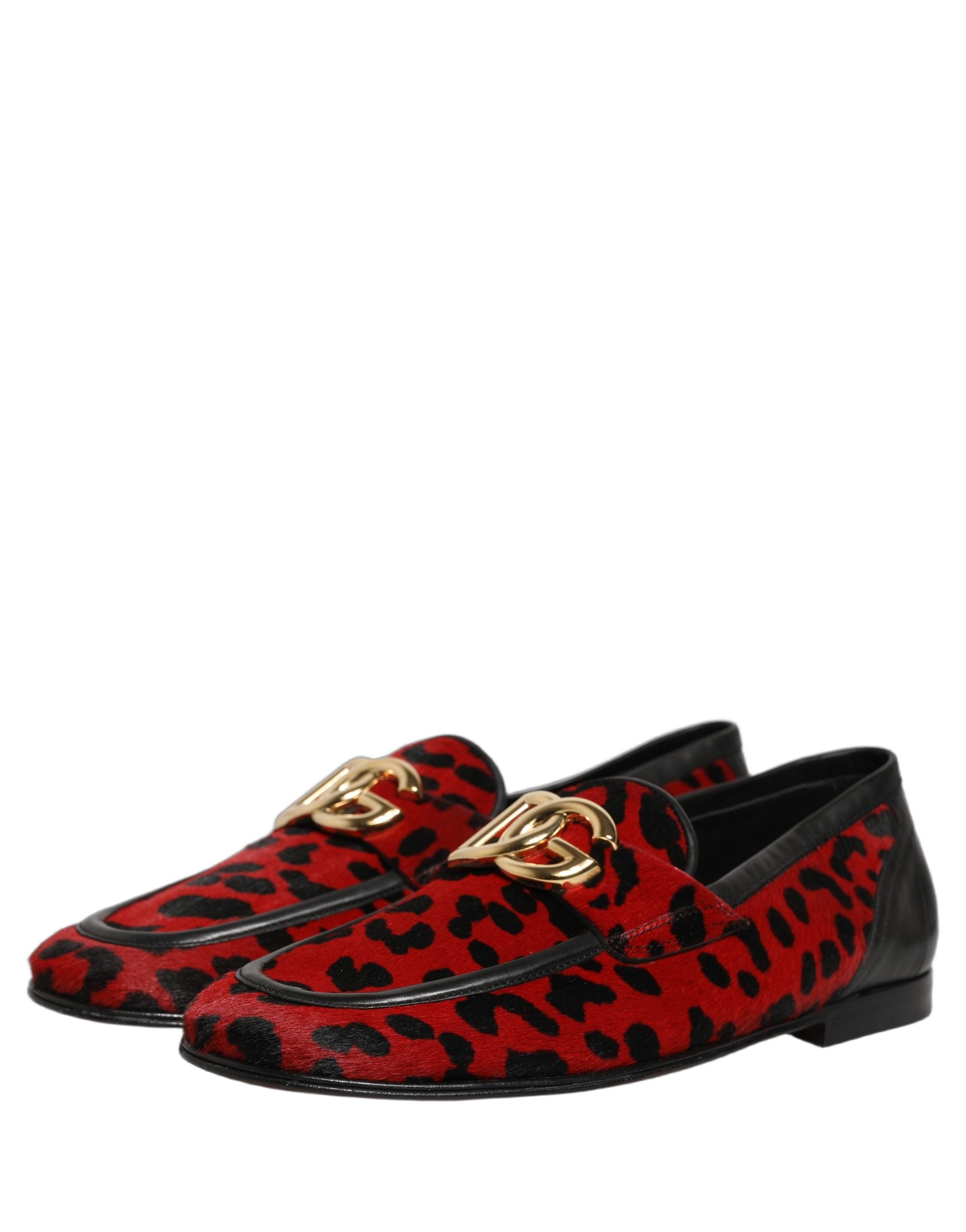 Dolce & Gabbana Red Leopard Print Pony Hair Dress Loafers Men's Shoes