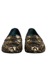 Dolce & Gabbana Black Gold Embellished Slip On Loafers Men's Shoes