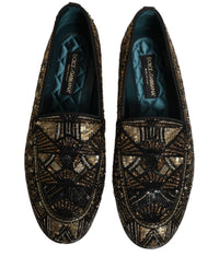 Dolce & Gabbana Black Gold Embellished Slip On Loafers Men's Shoes