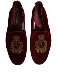 Dolce & Gabbana Maroon Velvet Crown Embroidery Loafers Men's Shoes