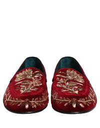 Dolce & Gabbana Red Velvet Floral Embroidery Loafers Men's Shoes