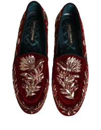 Dolce & Gabbana Red Velvet Floral Embroidery Loafers Men's Shoes