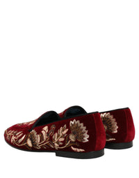 Dolce & Gabbana Red Velvet Floral Embroidery Loafers Men's Shoes