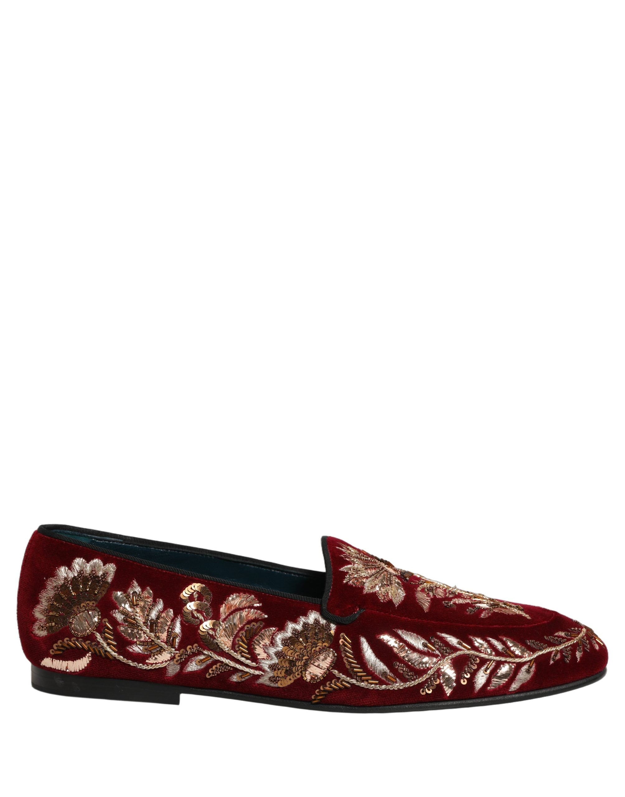 Dolce & Gabbana Red Velvet Floral Embroidery Loafers Men's Shoes