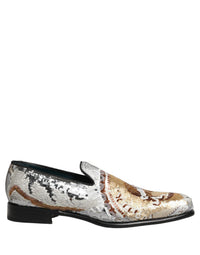 Dolce & Gabbana White Gold Sequined Slip On Loafers Men's Shoes