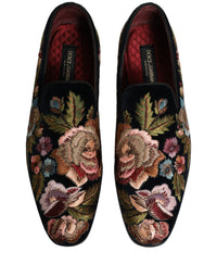 Dolce & Gabbana Black Velvet Floral Embroidery Loafers Men's Shoes