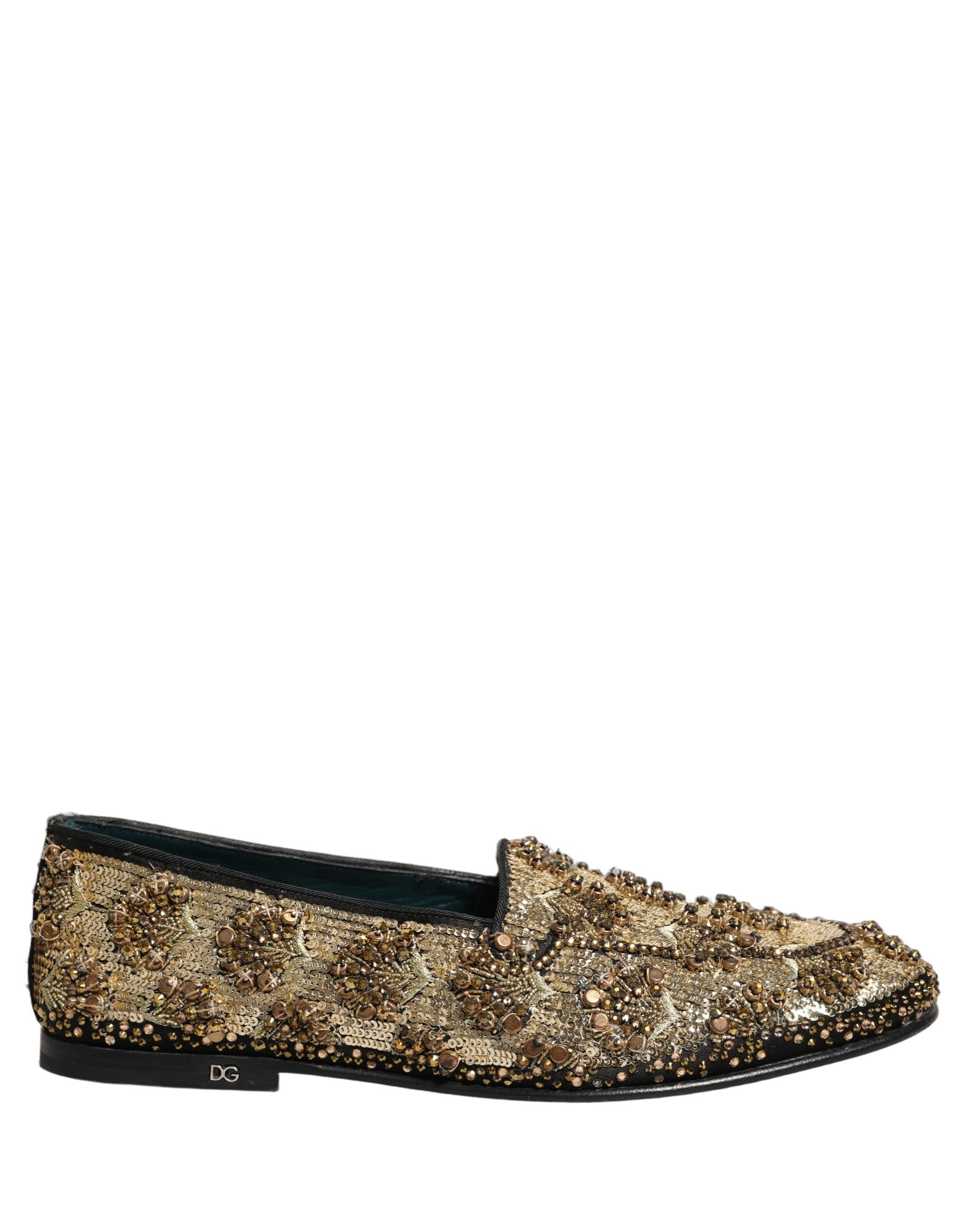 Dolce & Gabbana Gold Sequin Embellished Dress Loafers Men's Shoes