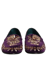 Dolce & Gabbana Violet Velvet Floral Embroidery Loafers Men's Shoes