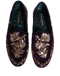 Dolce & Gabbana Violet Velvet Floral Embroidery Loafers Men's Shoes