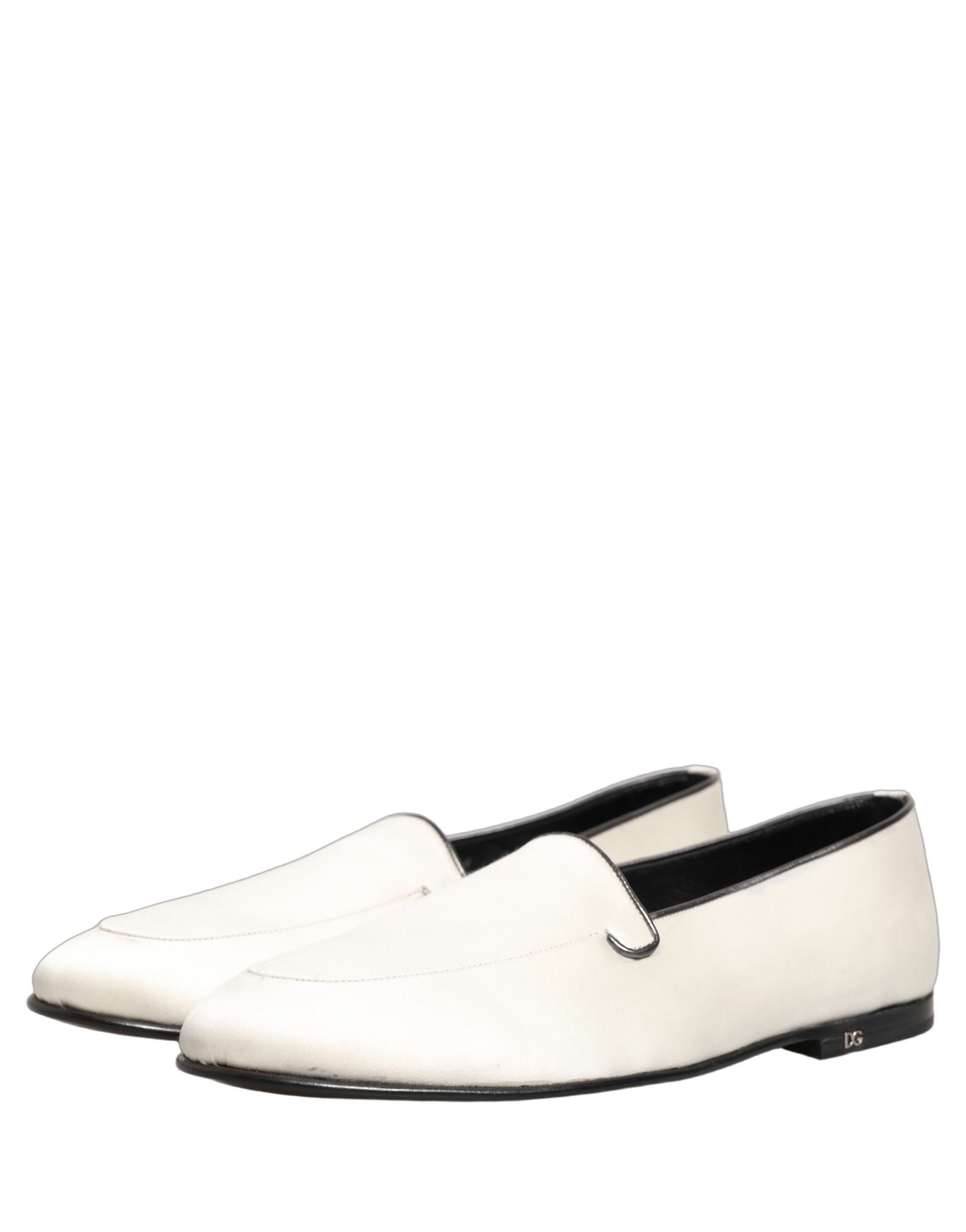 Dolce & Gabbana White Satin Logo Slip On Flats Loafers Men's Shoes