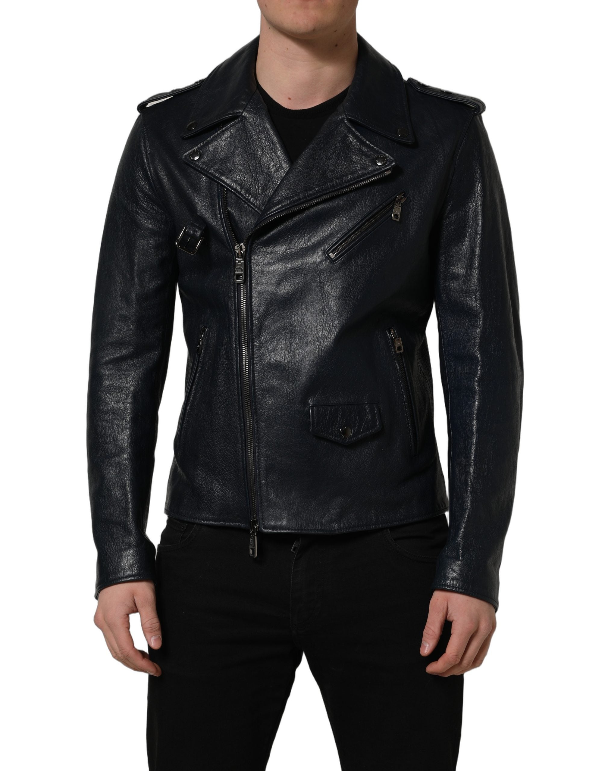 Dolce & Gabbana Dolce & Gabbana Black Leather Men Biker Coat Goatskin Men's Jacket