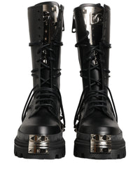 Dolce & Gabbana Black Stud Platform Combat High Boots Men's Shoes