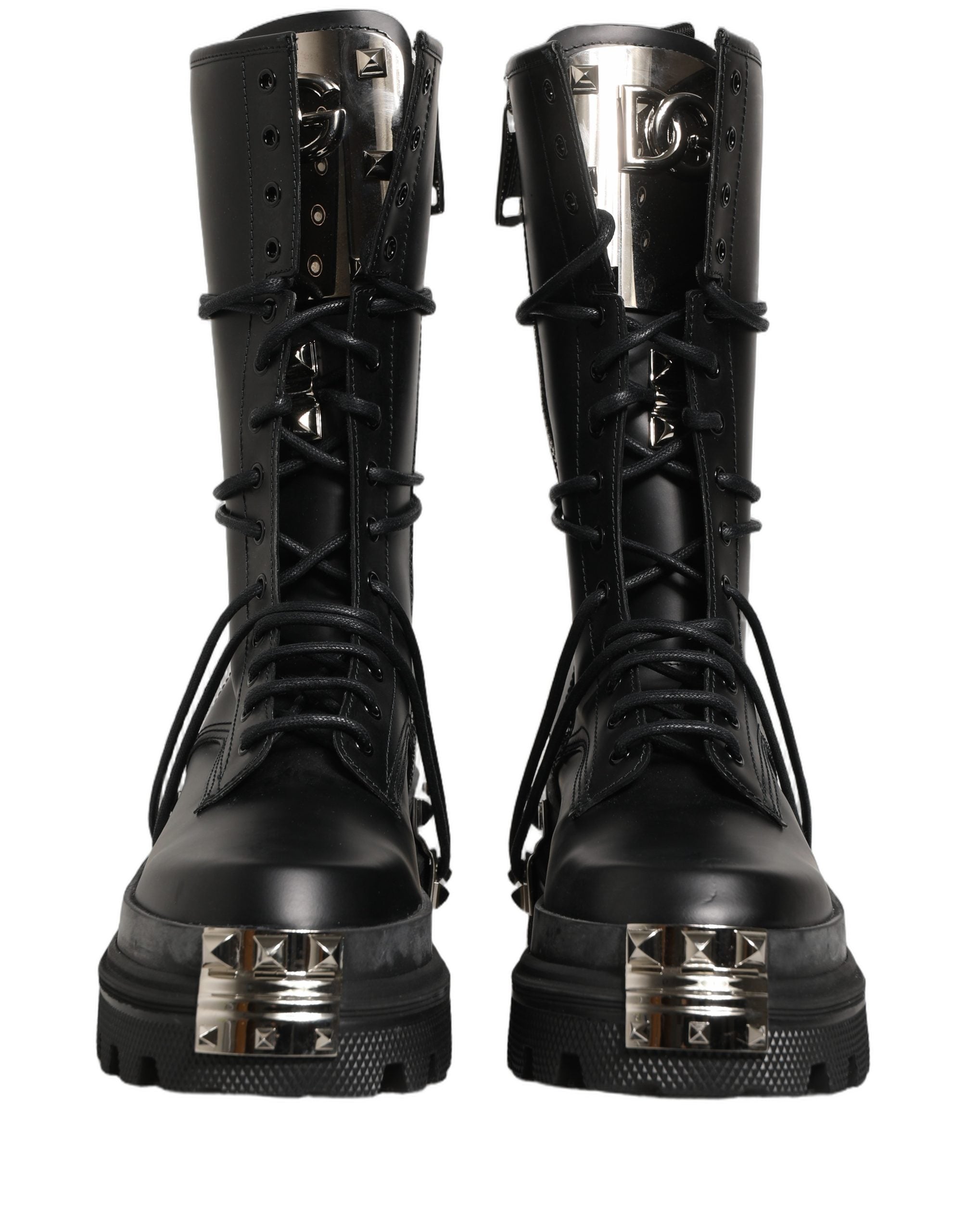 Dolce & Gabbana Black Stud Platform Combat High Boots Men's Shoes