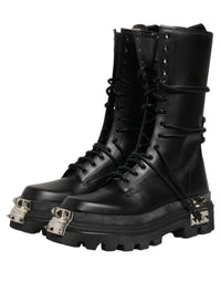 Dolce & Gabbana Black Stud Platform Combat High Boots Men's Shoes