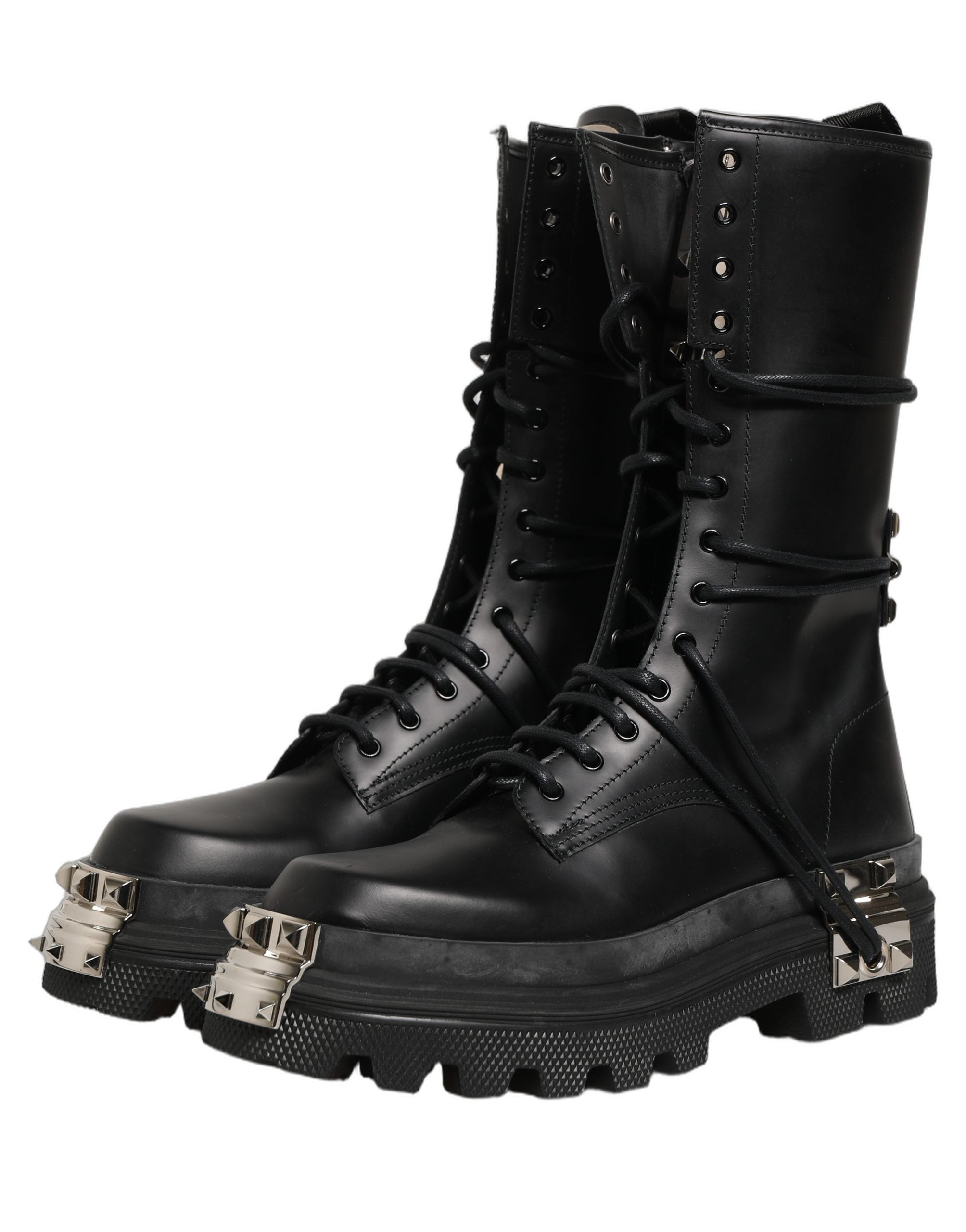 Dolce & Gabbana Black Stud Platform Combat High Boots Men's Shoes