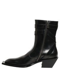 Dolce & Gabbana Black Leather DG Plaque Mid Calf Boots Men's Shoes