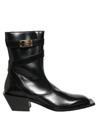 Dolce & Gabbana Black Leather DG Plaque Mid Calf Boots Men's Shoes