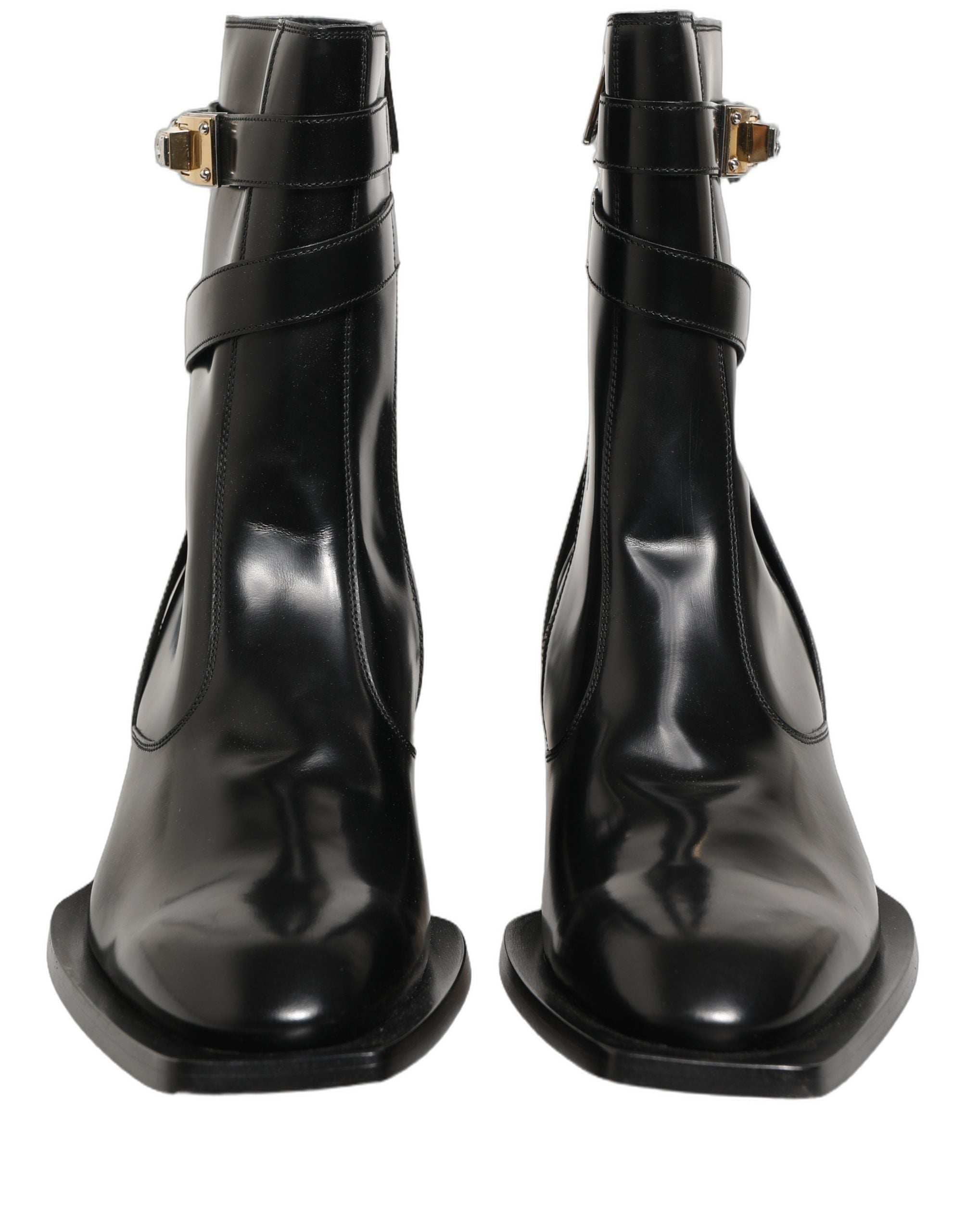 Dolce & Gabbana Black Leather DG Plaque Mid Calf Boots Men's Shoes