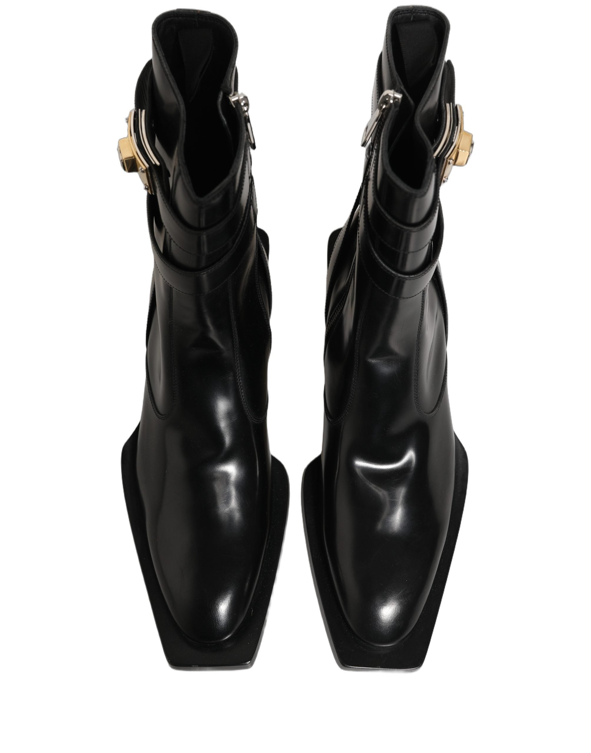 Dolce & Gabbana Black Leather DG Plaque Mid Calf Boots Men's Shoes