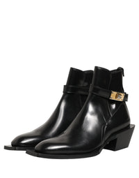 Dolce & Gabbana Black Leather DG Plaque Ankle Boots Men's Shoes