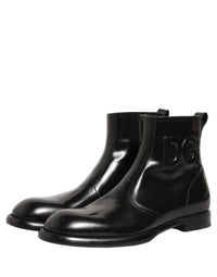 Dolce & Gabbana Black Leather Embossed Logo Ankle Boots Men's Shoes