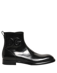 Dolce & Gabbana Black Leather Embossed Logo Ankle Boots Men's Shoes