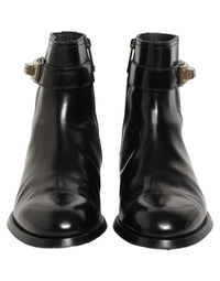 Dolce & Gabbana Black Leather Logo Buckle Mid Calf Boots Men's Shoes