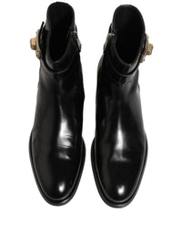 Dolce & Gabbana Black Leather Logo Buckle Mid Calf Boots Men's Shoes