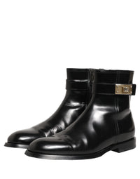 Dolce & Gabbana Black Leather Logo Buckle Mid Calf Boots Men's Shoes