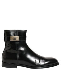 Dolce & Gabbana Black Leather Logo Buckle Mid Calf Boots Men's Shoes