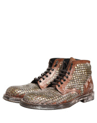 Dolce & Gabbana Brown Leather Runway Studs Ankle Boots Men's Shoes