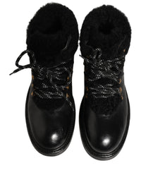 Dolce & Gabbana Black Trekking Fur Lace Leather Boots Men's Shoes