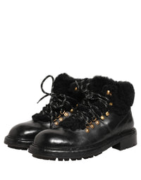 Dolce & Gabbana Black Trekking Fur Lace Leather Boots Men's Shoes