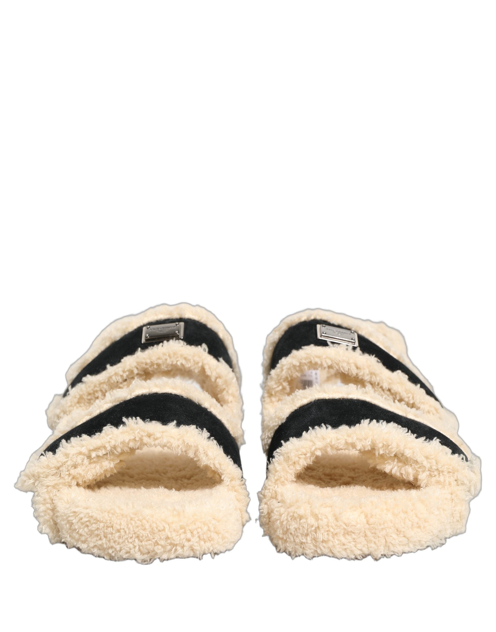Dolce & Gabbana Dolce & Gabbana Beige Black Faux Fur Flats Men Sandals Men's Shoes