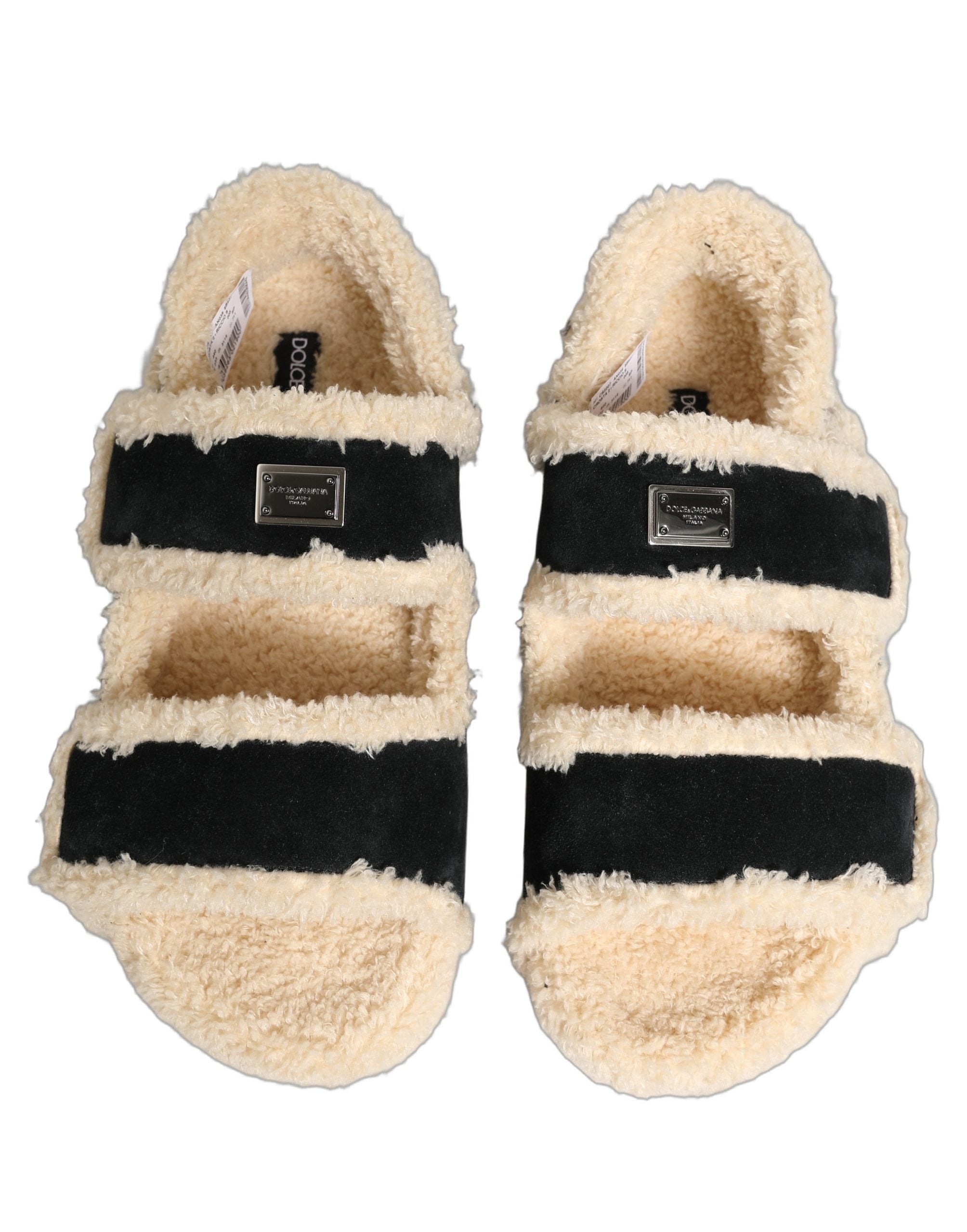 Dolce & Gabbana Dolce & Gabbana Beige Black Faux Fur Flats Men Sandals Men's Shoes