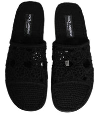 Dolce & Gabbana Black Fabric Woven Slides Sandals Flats Men's Shoes