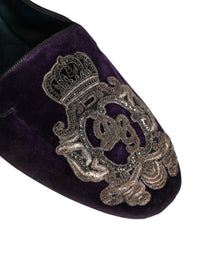 Dolce & Gabbana Purple Velvet Crown Embroidery Loafers Men's Shoes