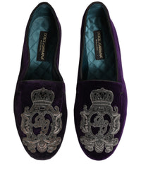 Dolce & Gabbana Purple Velvet Crown Embroidery Loafers Men's Shoes