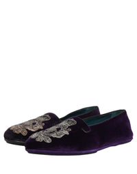 Dolce & Gabbana Purple Velvet Crown Embroidery Loafers Men's Shoes