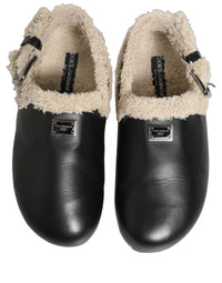 Dolce & Gabbana Beige Black Fur Shearling Slides Sandals Men's Shoes