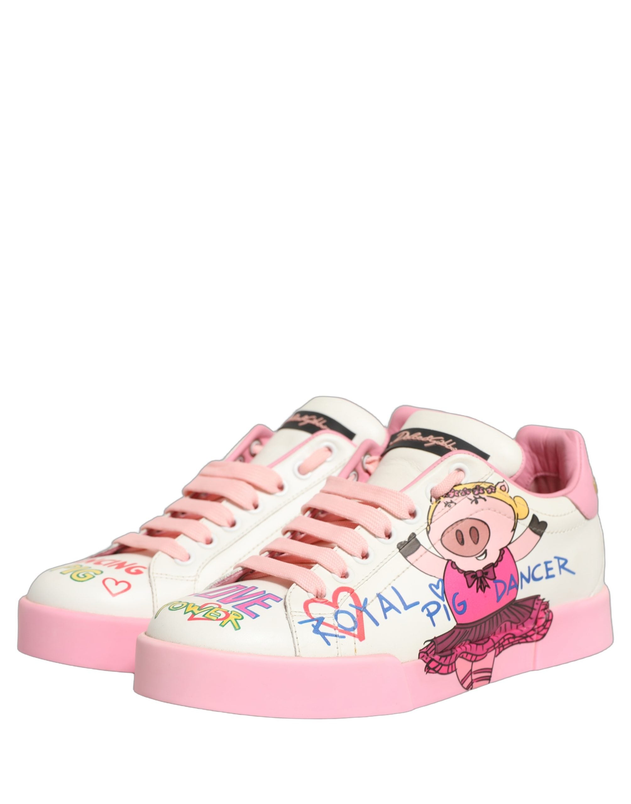 Dolce & Gabbana White Pink Portofino Royal Pig Sneakers Women's Shoes