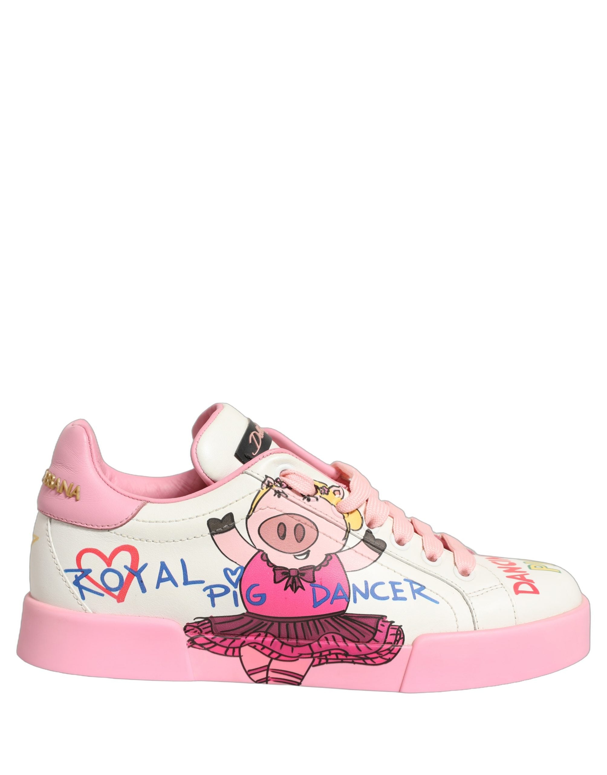 Dolce & Gabbana White Pink Portofino Royal Pig Sneakers Women's Shoes