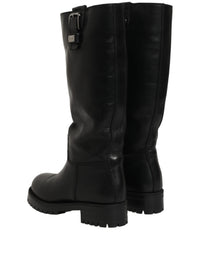 Dolce & Gabbana Black Leather Buckle Detail Mid Calf Boots Women's Shoes