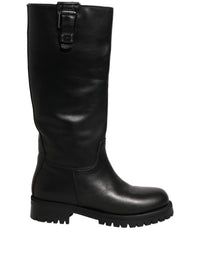 Dolce & Gabbana Black Leather Buckle Detail Mid Calf Boots Women's Shoes