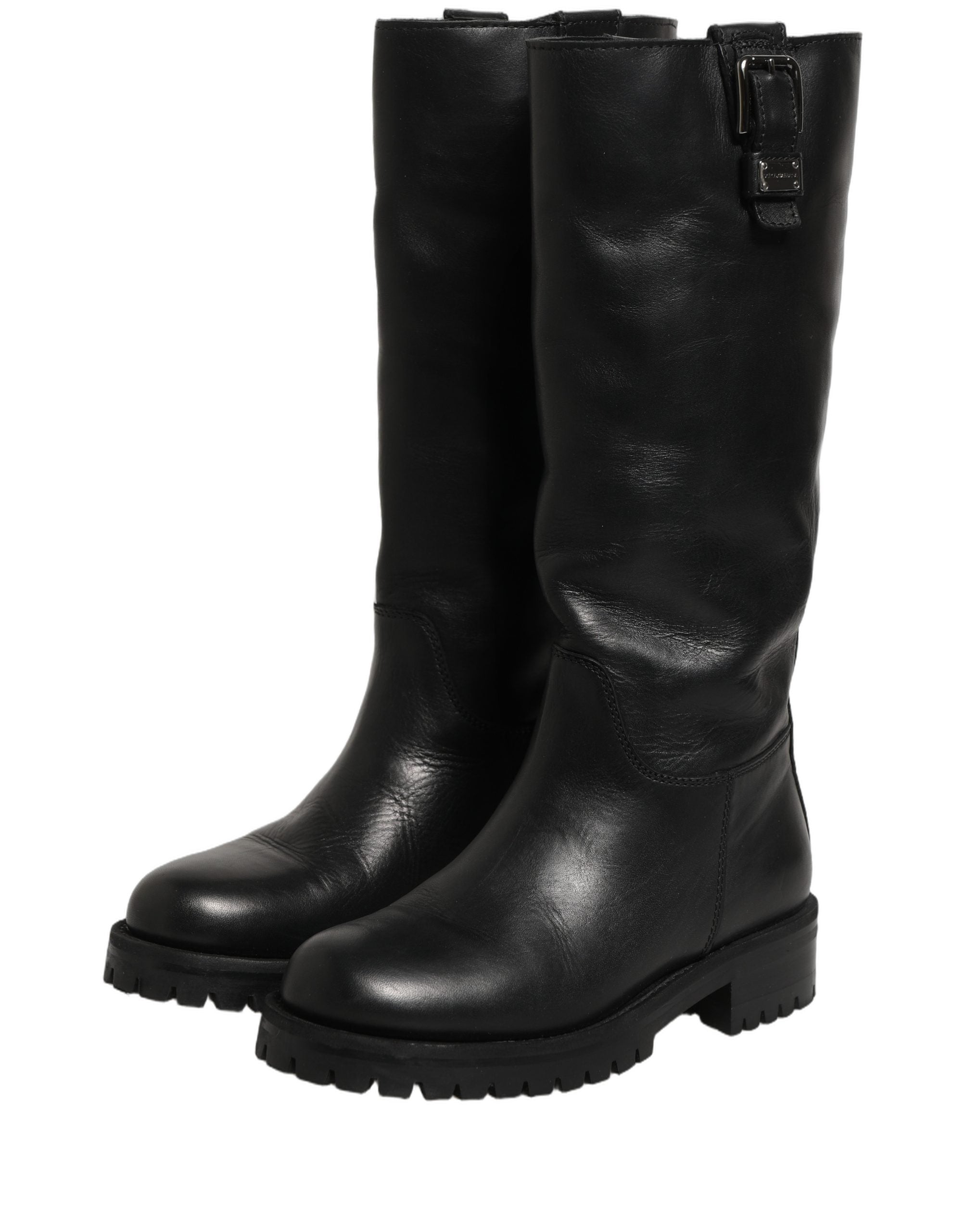 Dolce & Gabbana Black Leather Buckle Detail Mid Calf Boots Women's Shoes