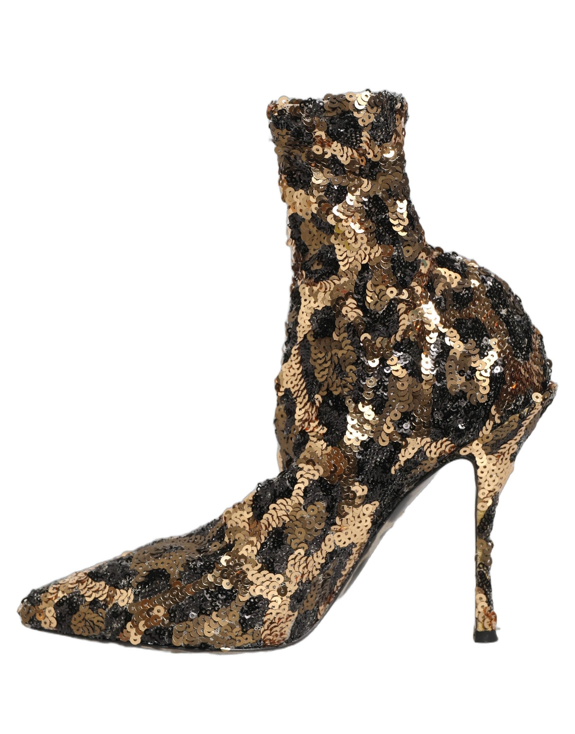 Dolce & Gabbana Gold Leopard Sequin Sock Ankle Boots Women's Shoes