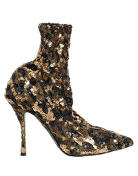 Dolce & Gabbana Gold Leopard Sequin Sock Ankle Boots Women's Shoes