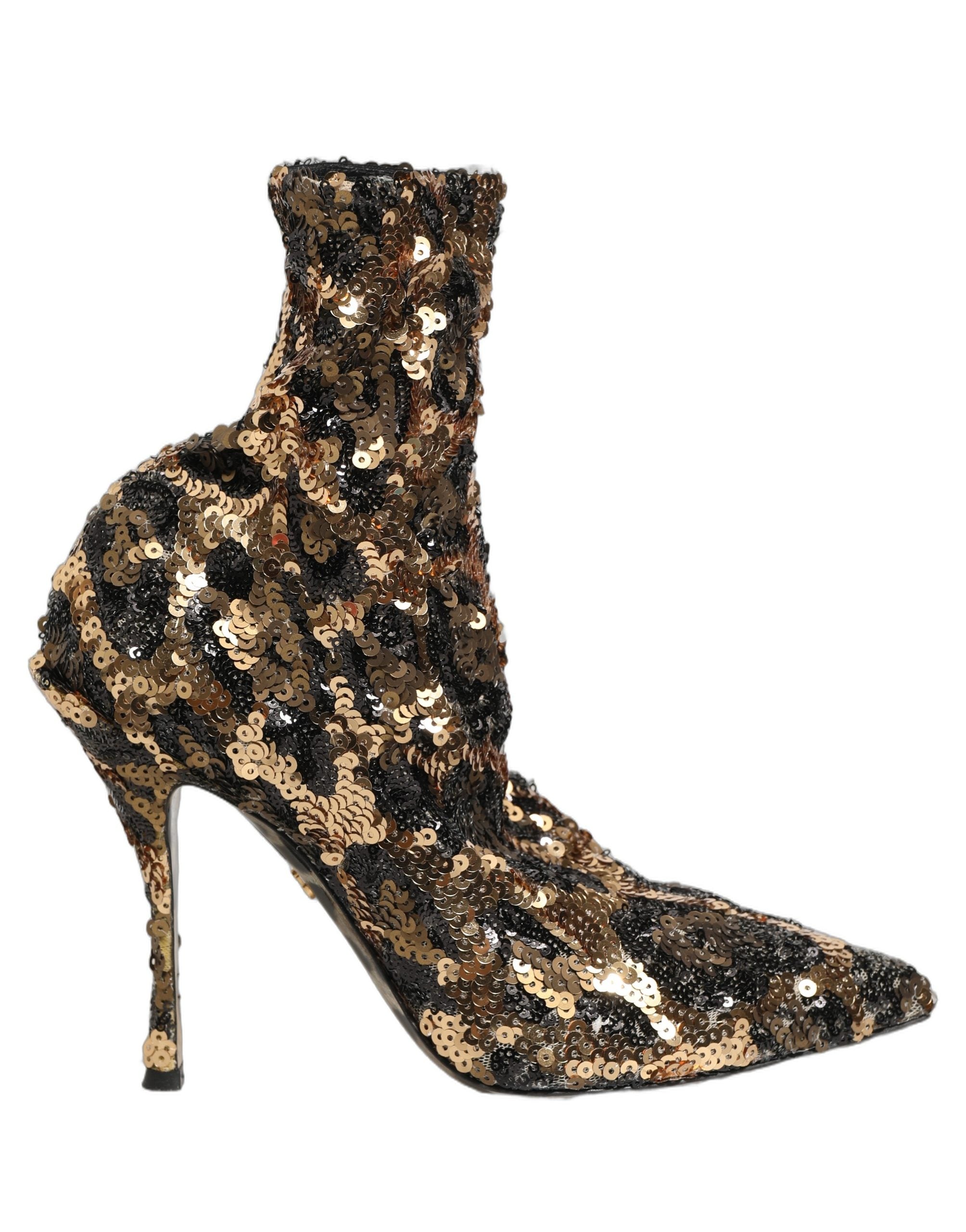 Dolce & Gabbana Gold Leopard Sequin Sock Ankle Boots Women's Shoes
