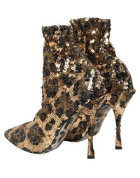 Dolce & Gabbana Gold Leopard Sequin Sock Ankle Boots Women's Shoes
